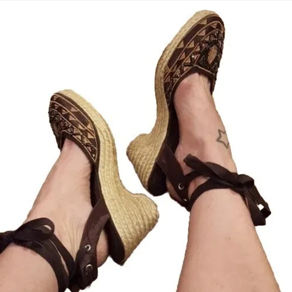 Y2K Beartraps Brown‎ Beaded Satin Ankle Straps Macrame Wedges